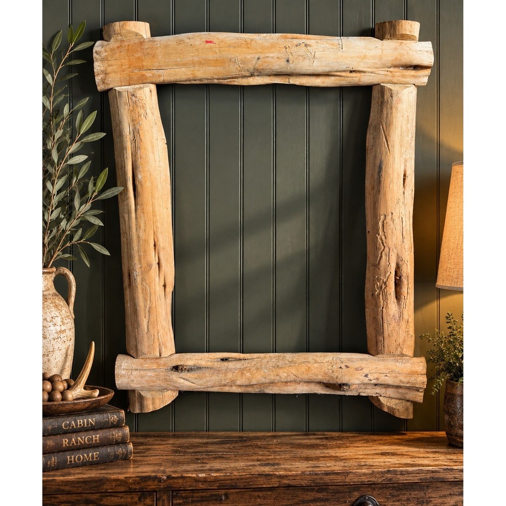 VTG Primitive Rustic Log Wood Picture Frame 24x29 Cabin Lodge Folk Art Handmade